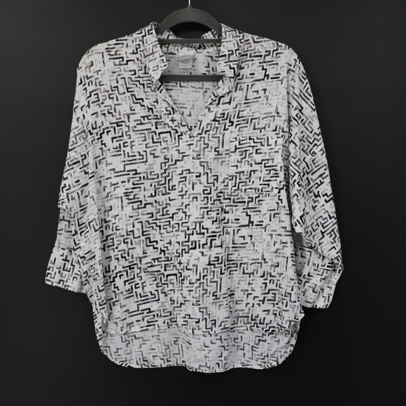 Natori Geometric Print Top Womens L White 3/4 Sleeve V-Neck Cotton Contemporary - Picture 1 of 15